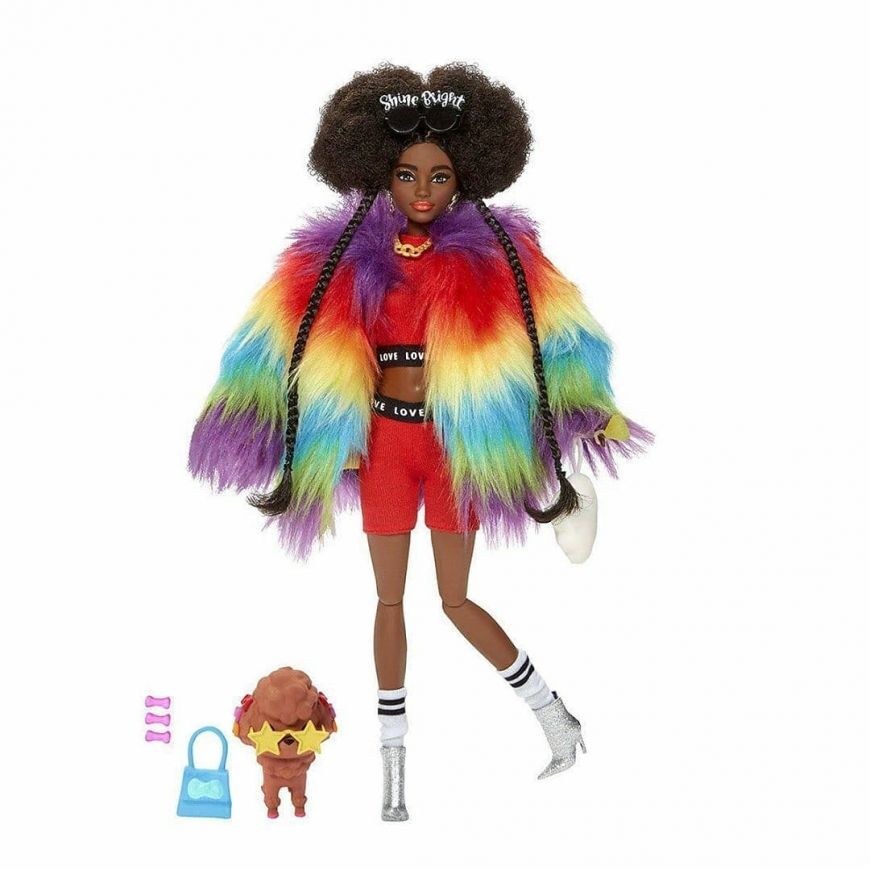 barbie extra doll in rainbow coat with pet dog toy