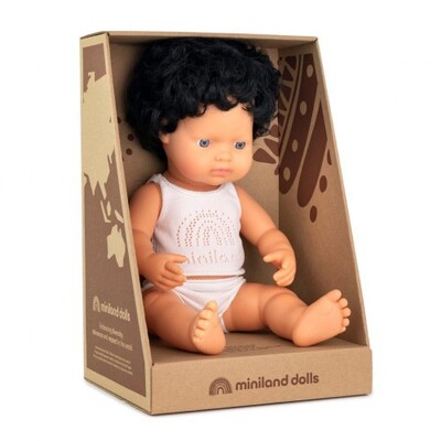 Miniland Educational Baby Doll Caucasian Boy Black Curly Hair 38cm