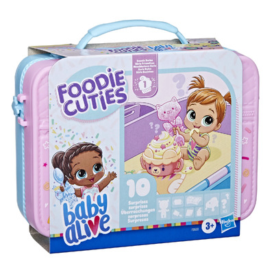 Baby Alive Foodie Cuties, Sweets Series 1, 3-Inch Doll, 10 Surprises in Lunchbox-Style Case