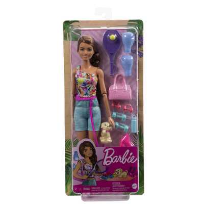 Barbie Fitness Brunette Doll Roller Skates And Tennis, with Puppy and Accessories HKT91